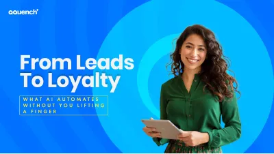 AI expert woman holding a tablet against a blue tech-inspired background with the text “From Leads to Loyalty.” AI automate banner highlighting smart customer journey automation, lead nurturing, and loyalty generation through AI-powered marketing flows.